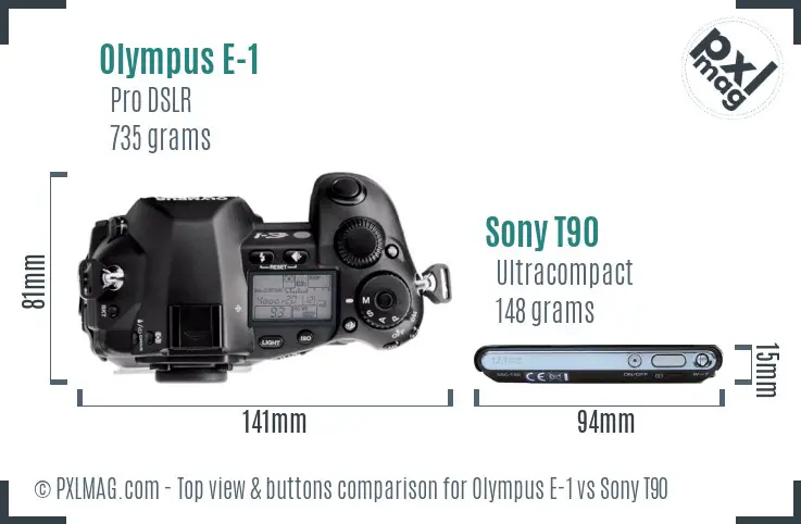 Olympus E-1 vs Sony T90 top view buttons comparison Olympus E-1 vs Sony T90 top view buttons comparison