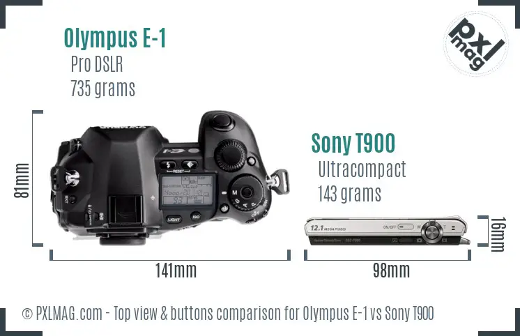 Olympus E-1 vs Sony T900 top view buttons comparison Olympus E-1 vs Sony T900 top view buttons comparison