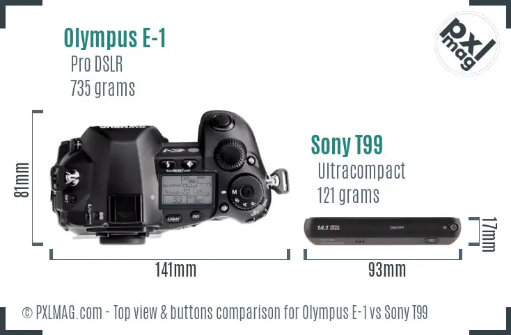 Olympus E-1 vs Sony T99 top view buttons comparison