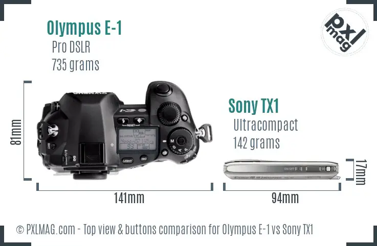 Olympus E-1 vs Sony TX1 top view buttons comparison Olympus E-1 vs Sony TX1 top view buttons comparison