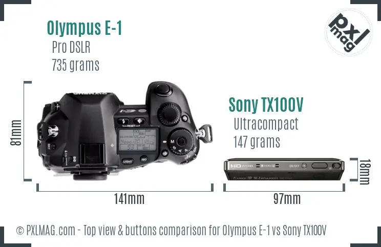 Olympus E-1 vs Sony TX100V top view buttons comparison Olympus E-1 vs Sony TX100V top view buttons comparison