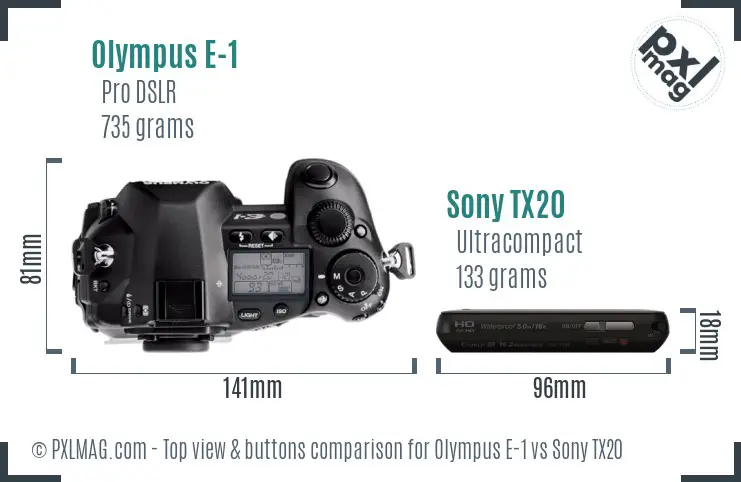 Olympus E-1 vs Sony TX20 top view buttons comparison