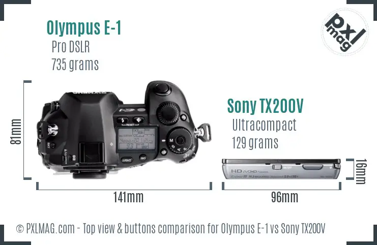 Olympus E-1 vs Sony TX200V top view buttons comparison