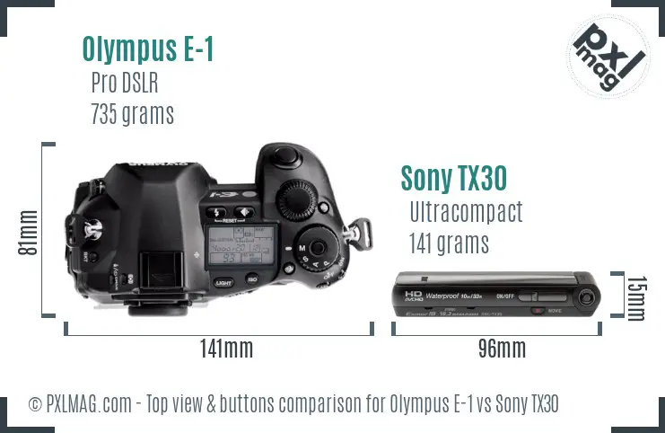 Olympus E-1 vs Sony TX30 top view buttons comparison Olympus E-1 vs Sony TX30 top view buttons comparison