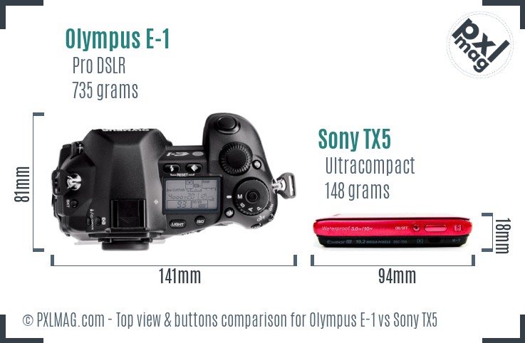 Olympus E-1 vs Sony TX5 top view buttons comparison