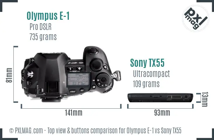 Olympus E-1 vs Sony TX55 top view buttons comparison Olympus E-1 vs Sony TX55 top view buttons comparison