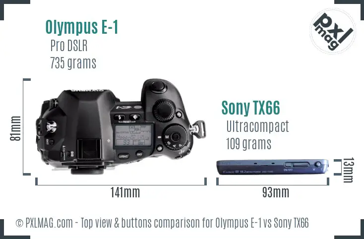 Olympus E-1 vs Sony TX66 top view buttons comparison