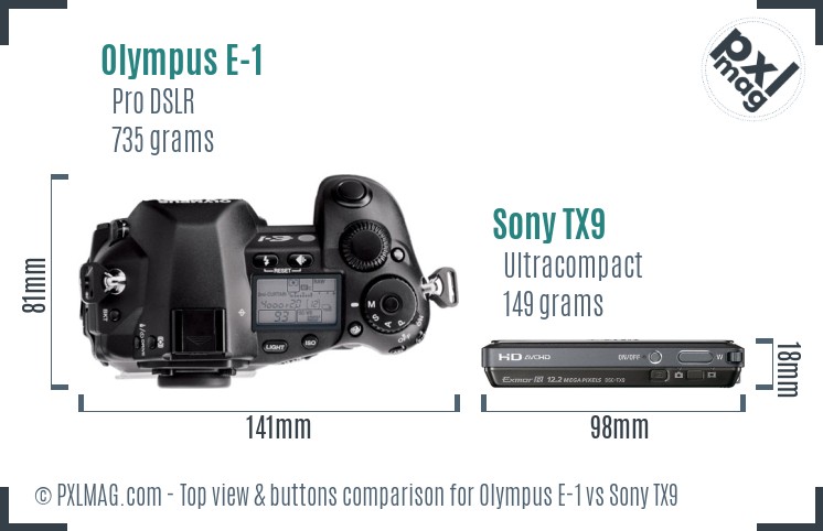 Olympus E-1 vs Sony TX9 top view buttons comparison
