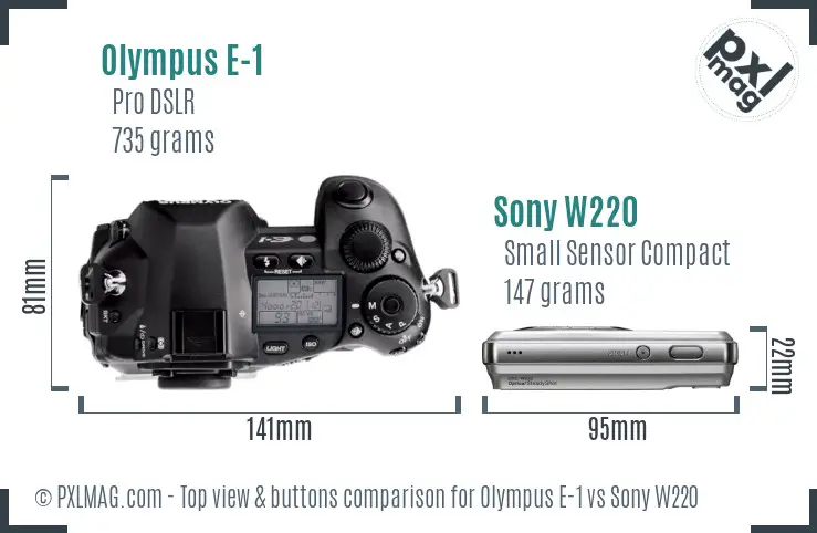 Olympus E-1 vs Sony W220 top view buttons comparison