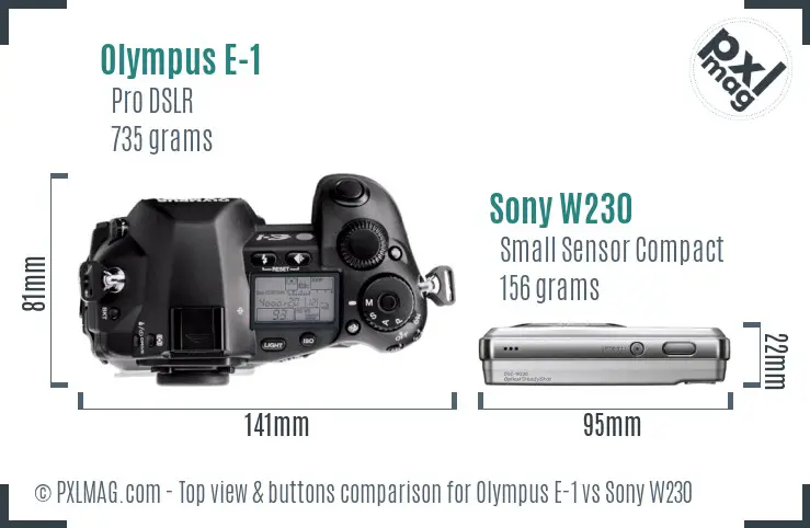 Olympus E-1 vs Sony W230 top view buttons comparison Olympus E-1 vs Sony W230 top view buttons comparison