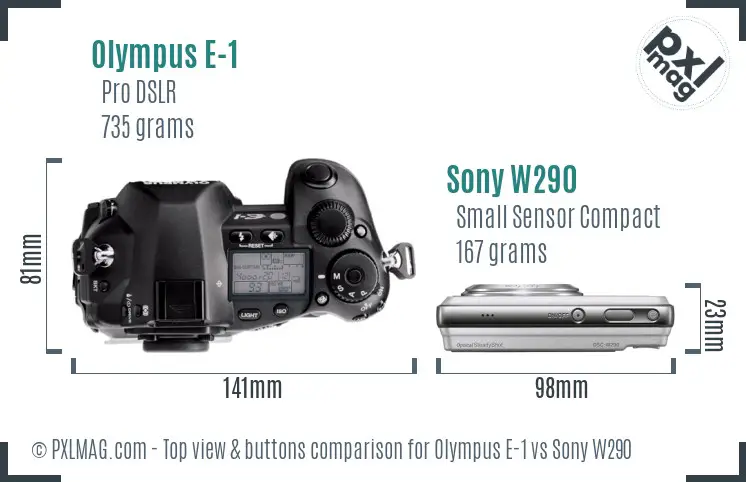 Olympus E-1 vs Sony W290 top view buttons comparison Olympus E-1 vs Sony W290 top view buttons comparison