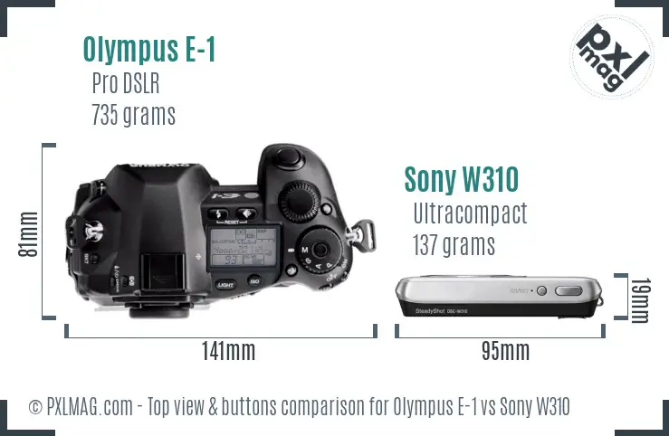 Olympus E-1 vs Sony W310 top view buttons comparison