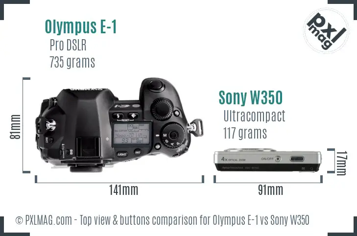Olympus E-1 vs Sony W350 top view buttons comparison