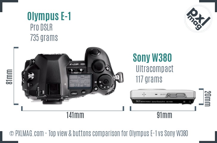 Olympus E-1 vs Sony W380 top view buttons comparison