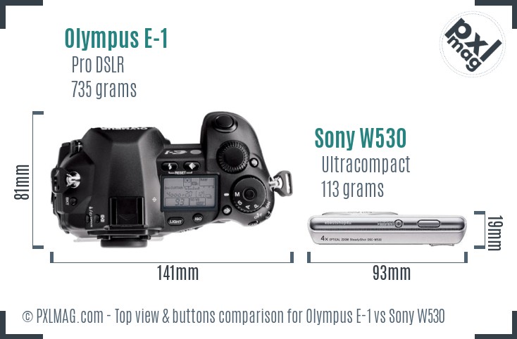 Olympus E-1 vs Sony W530 top view buttons comparison