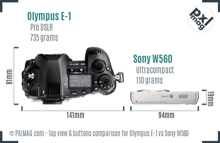 Olympus E-1 vs Sony W560 top view buttons comparison