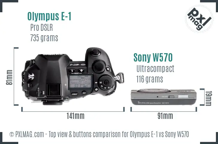 Olympus E-1 vs Sony W570 top view buttons comparison