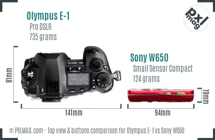 Olympus E-1 vs Sony W650 top view buttons comparison Olympus E-1 vs Sony W650 top view buttons comparison