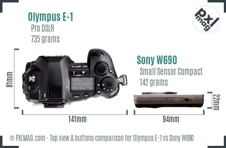 Olympus E-1 vs Sony W690 top view buttons comparison