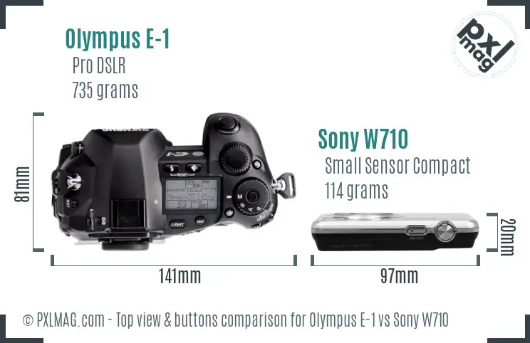 Olympus E-1 vs Sony W710 top view buttons comparison Olympus E-1 vs Sony W710 top view buttons comparison