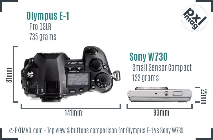 Olympus E-1 vs Sony W730 top view buttons comparison