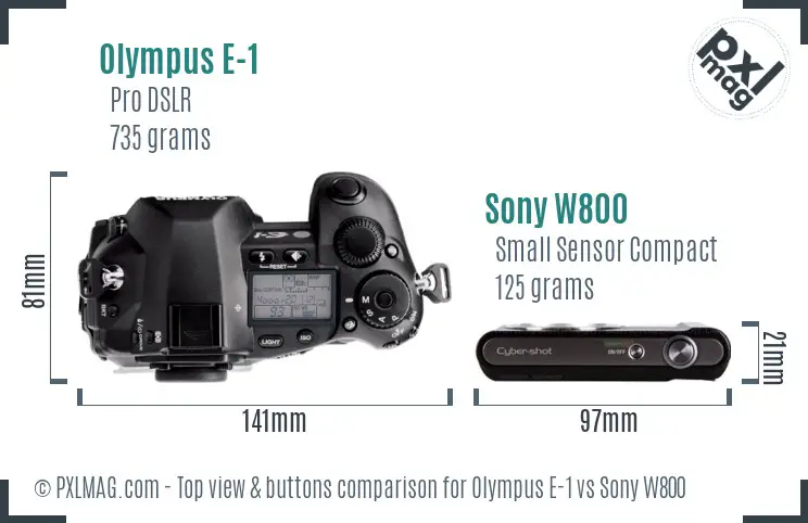 Olympus E-1 vs Sony W800 top view buttons comparison