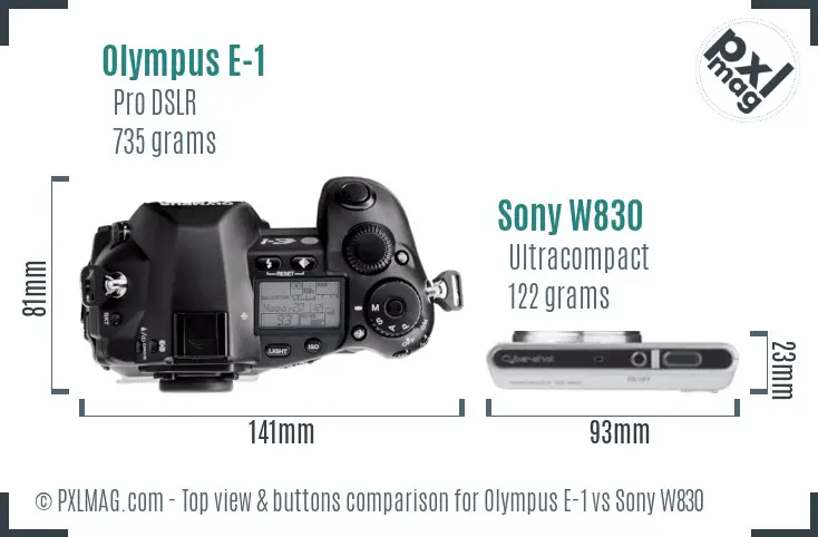Olympus E-1 vs Sony W830 top view buttons comparison
