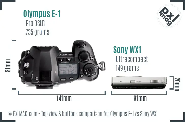 Olympus E-1 vs Sony WX1 top view buttons comparison