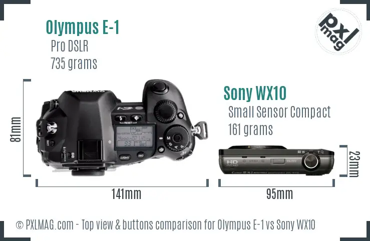 Olympus E-1 vs Sony WX10 top view buttons comparison