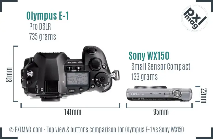 Olympus E-1 vs Sony WX150 top view buttons comparison