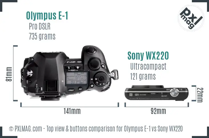 Olympus E-1 vs Sony WX220 top view buttons comparison Olympus E-1 vs Sony WX220 top view buttons comparison