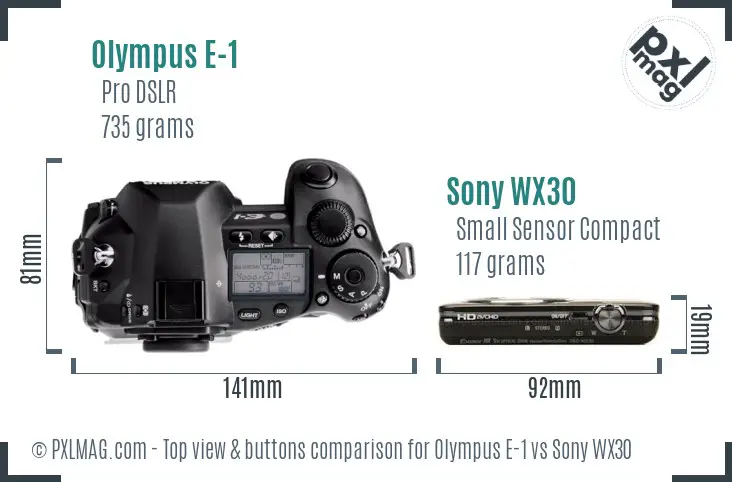 Olympus E-1 vs Sony WX30 top view buttons comparison