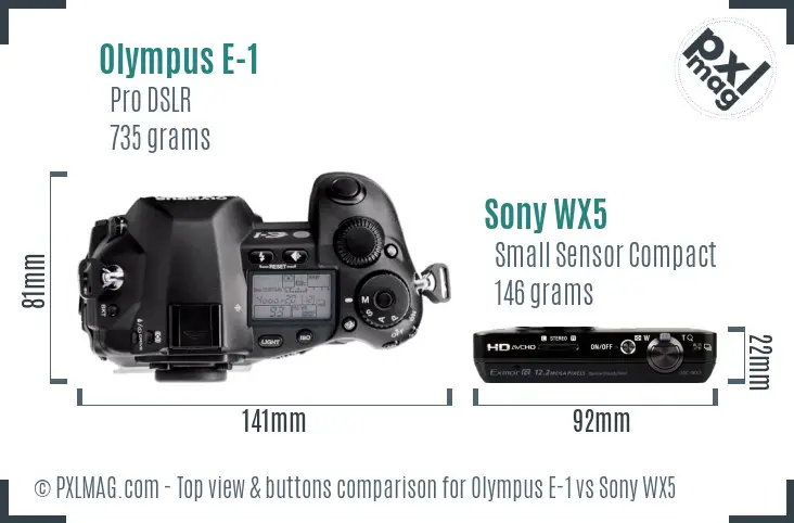 Olympus E-1 vs Sony WX5 top view buttons comparison