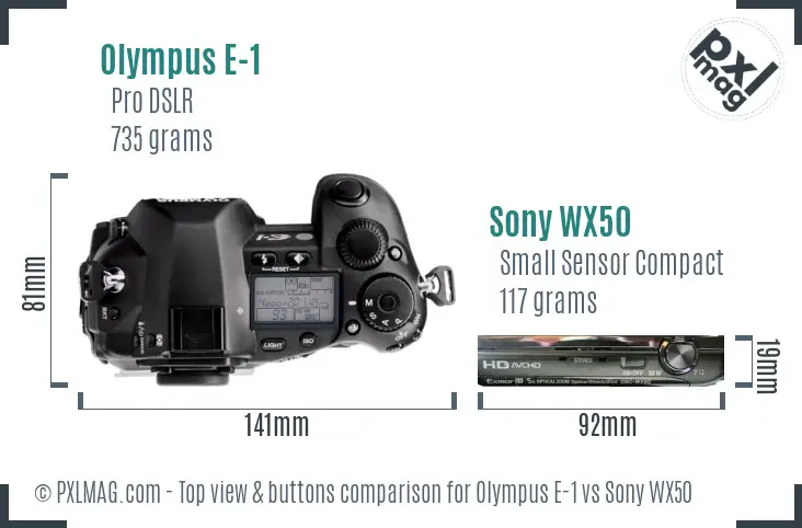 Olympus E-1 vs Sony WX50 top view buttons comparison