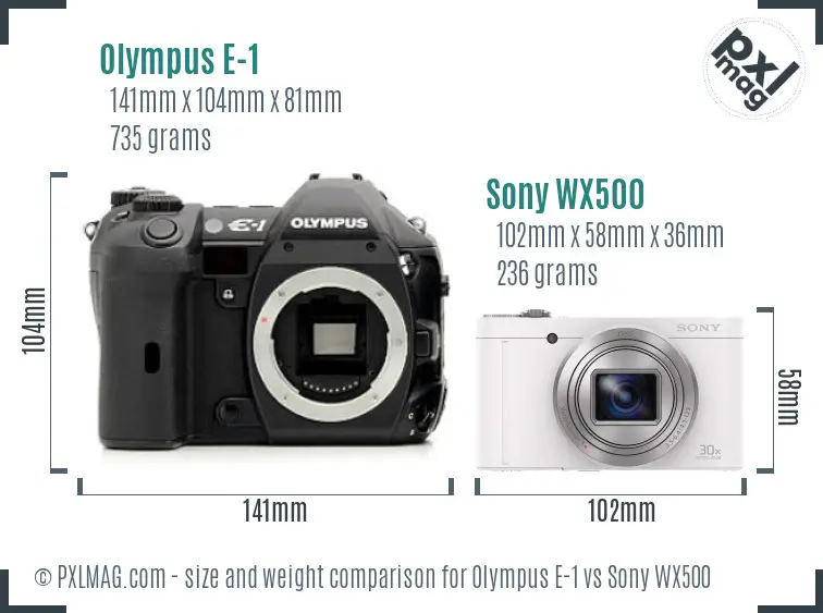 Olympus E-1 vs Sony WX500 size comparison