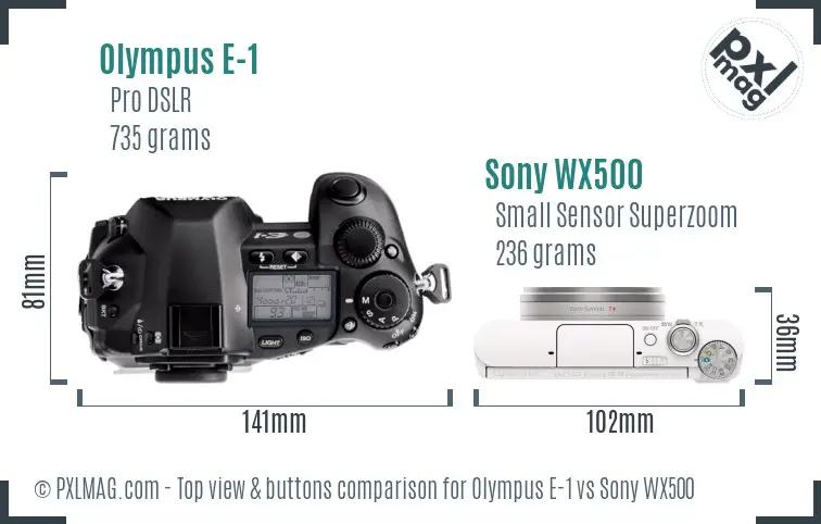Olympus E-1 vs Sony WX500 top view buttons comparison