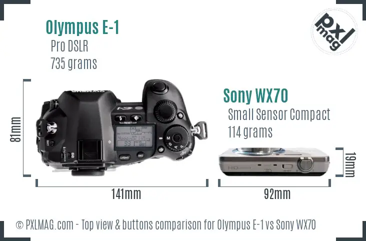 Olympus E-1 vs Sony WX70 top view buttons comparison