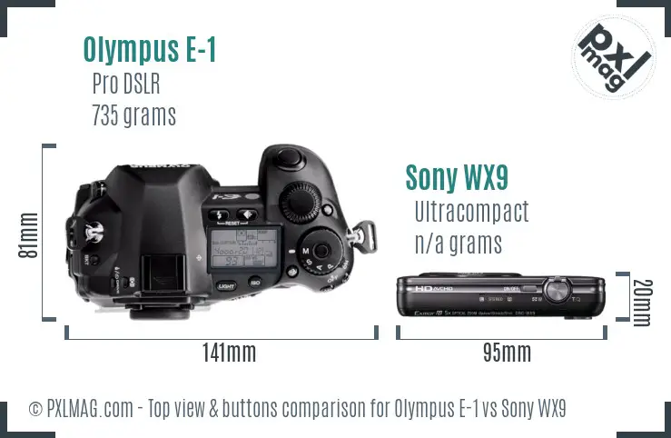 Olympus E-1 vs Sony WX9 top view buttons comparison