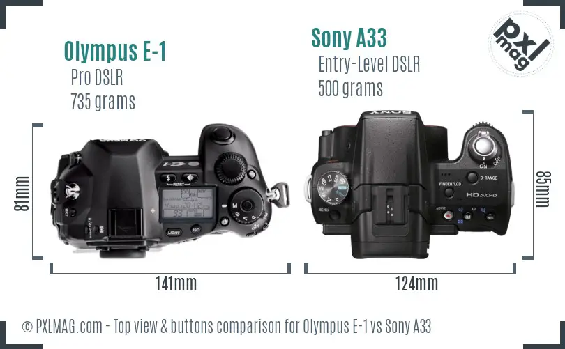Olympus E-1 vs Sony A33 top view buttons comparison