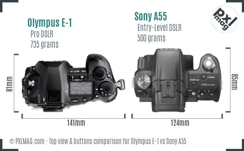 Olympus E-1 vs Sony A55 top view buttons comparison