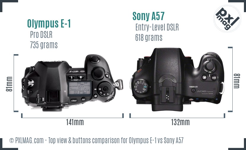 Olympus E-1 vs Sony A57 top view buttons comparison