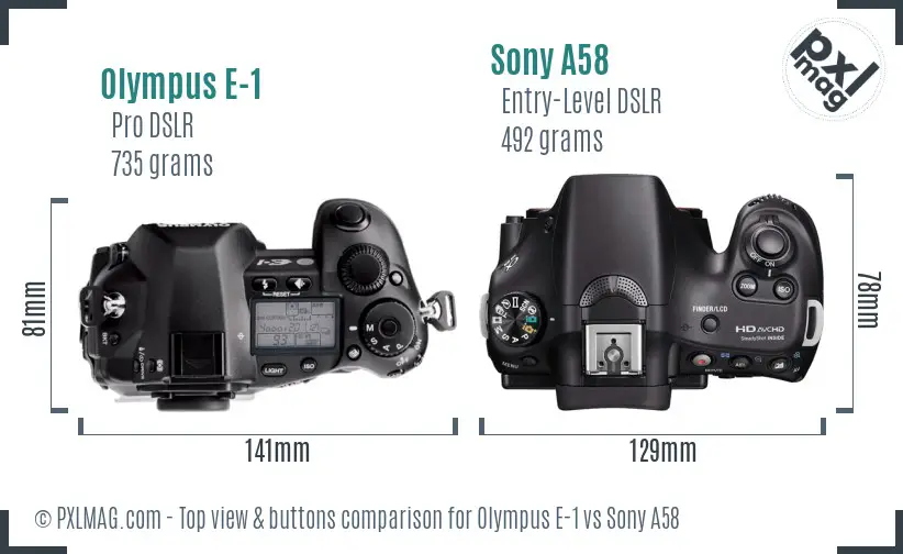 Olympus E-1 vs Sony A58 top view buttons comparison Olympus E-1 vs Sony A58 top view buttons comparison