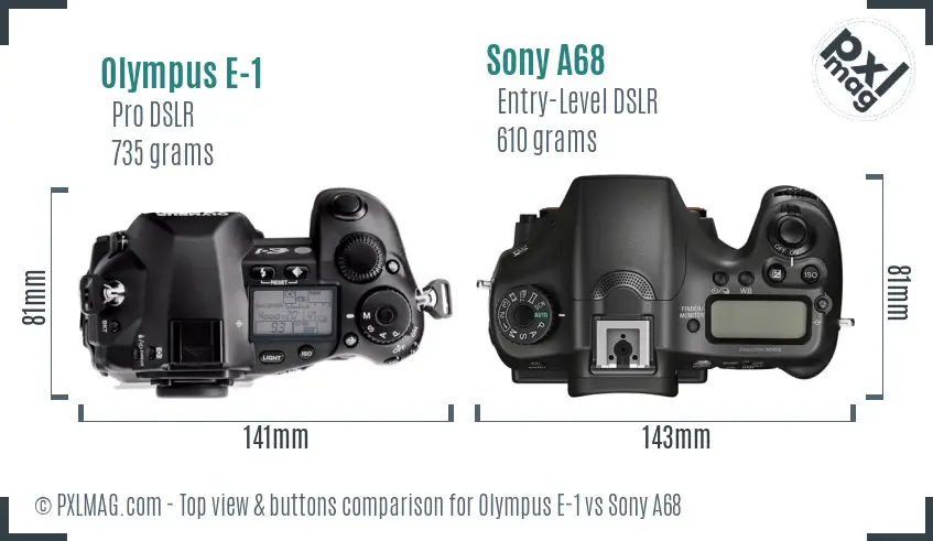 Olympus E-1 vs Sony A68 top view buttons comparison