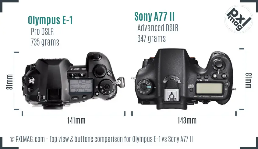 Olympus E-1 vs Sony A77 II top view buttons comparison