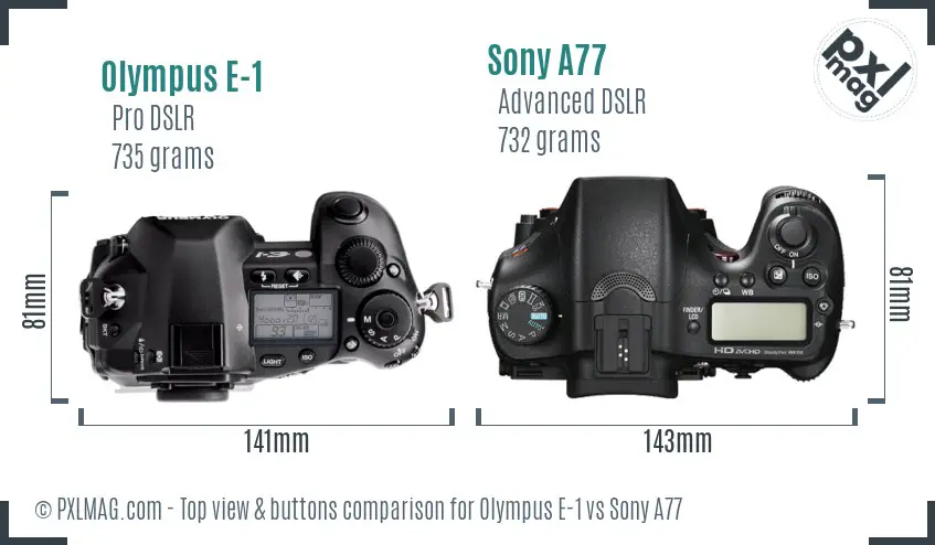 Olympus E-1 vs Sony A77 top view buttons comparison