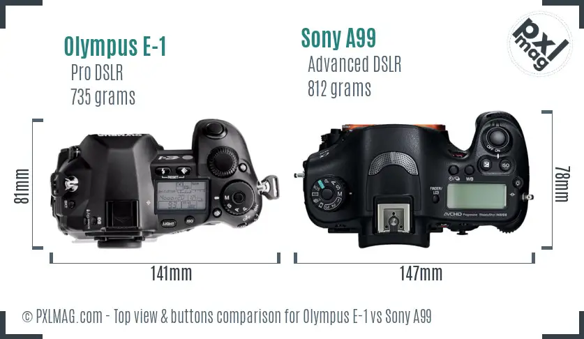 Olympus E-1 vs Sony A99 top view buttons comparison Olympus E-1 vs Sony A99 top view buttons comparison