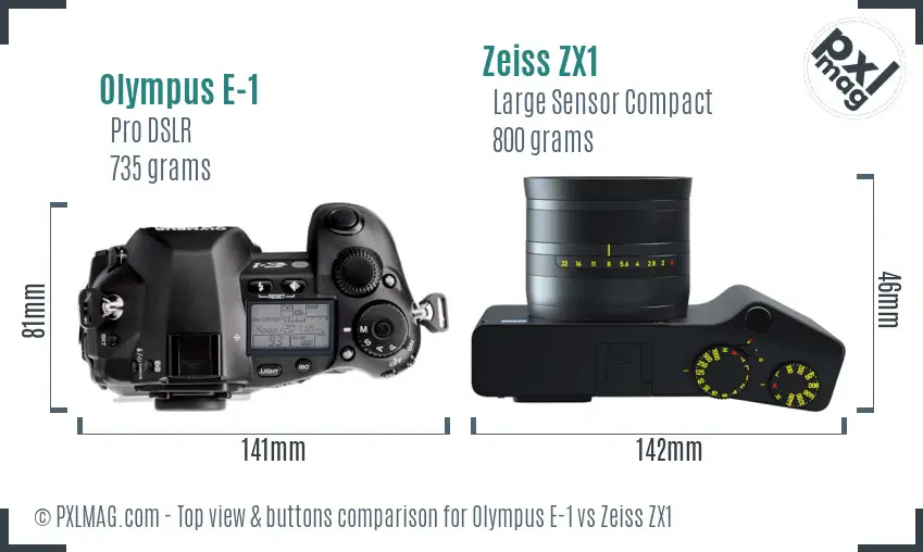 Olympus E-1 vs Zeiss ZX1 top view buttons comparison Olympus E-1 vs Zeiss ZX1 top view buttons comparison