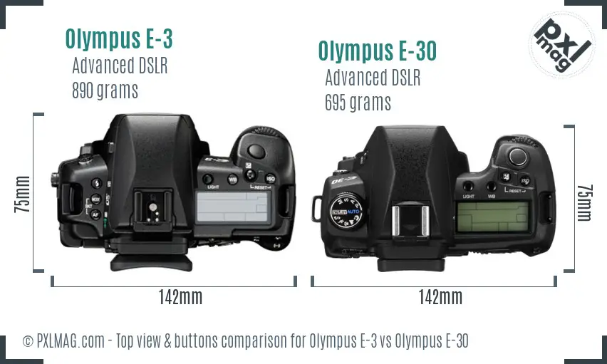 Olympus E-3 vs Olympus E-30 top view buttons comparison