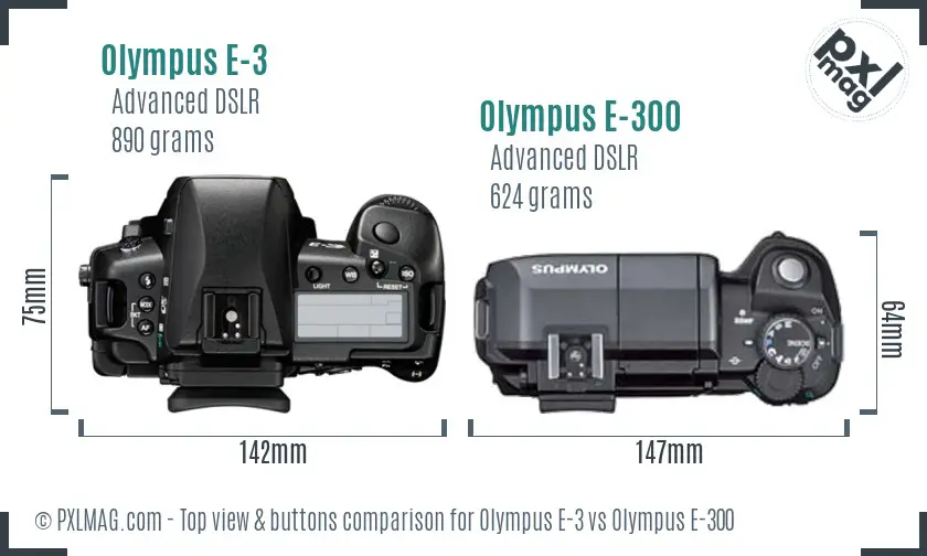 Olympus E-3 vs Olympus E-300 top view buttons comparison