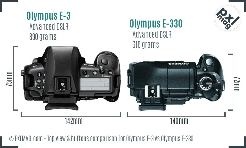 Olympus E-3 vs Olympus E-330 top view buttons comparison